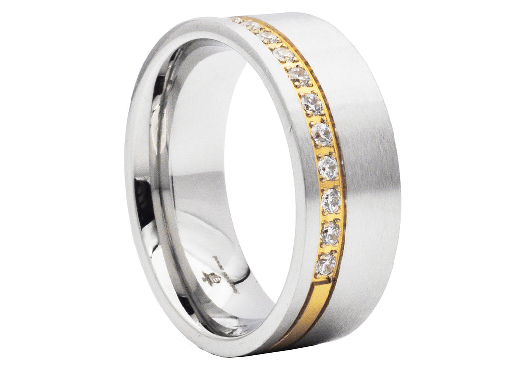 Mens Gold Plated Two-tone Stainless Steel Ring with Cubic Zirconia