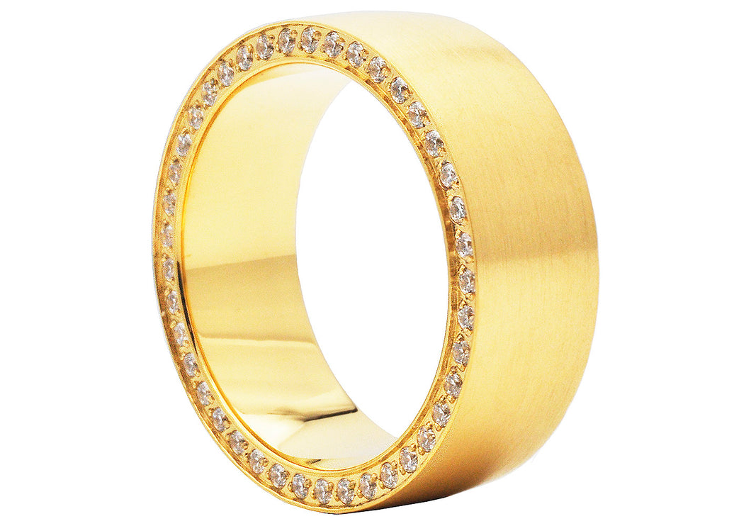 Mens Gold Plated Stainless Steel Ring with Cubic Zirconia embedded on the Side