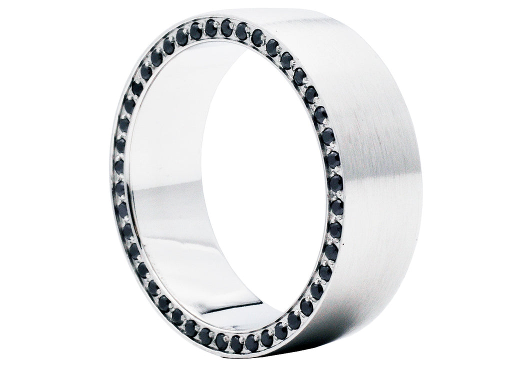 Mens Stainless Steel Ring with Black Cubic Zirconia embedded on the Side