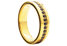 Load image into Gallery viewer, Mens Gold Plated Stainless Steel Ring with Black Cubic Zirconia
