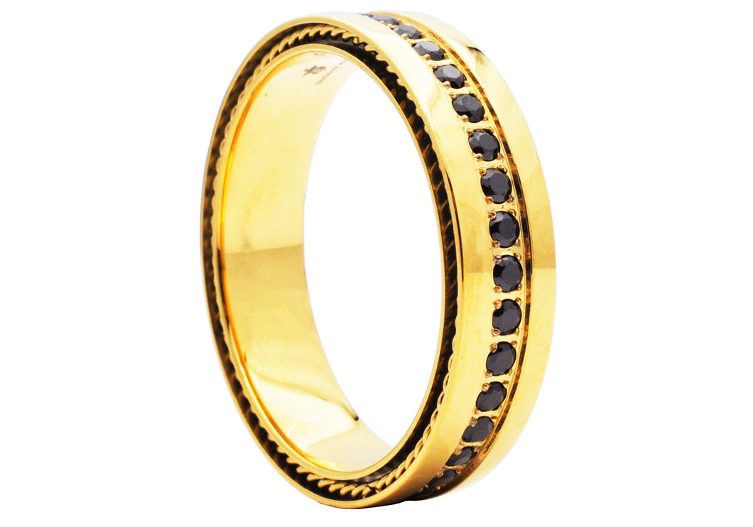 Mens Gold Plated Stainless Steel Ring with Black Cubic Zirconia
