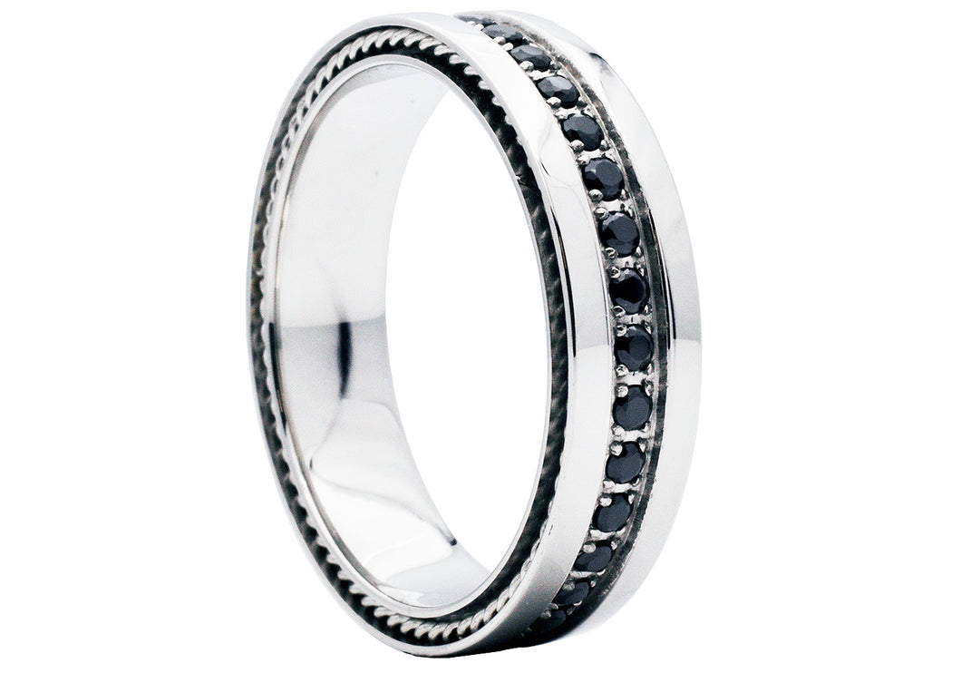 Mens Stainless Steel Ring with Black Cubic Zirconia