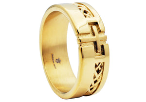 Mens Gold Plated Stainless Steel Cross Band With a Weave Design