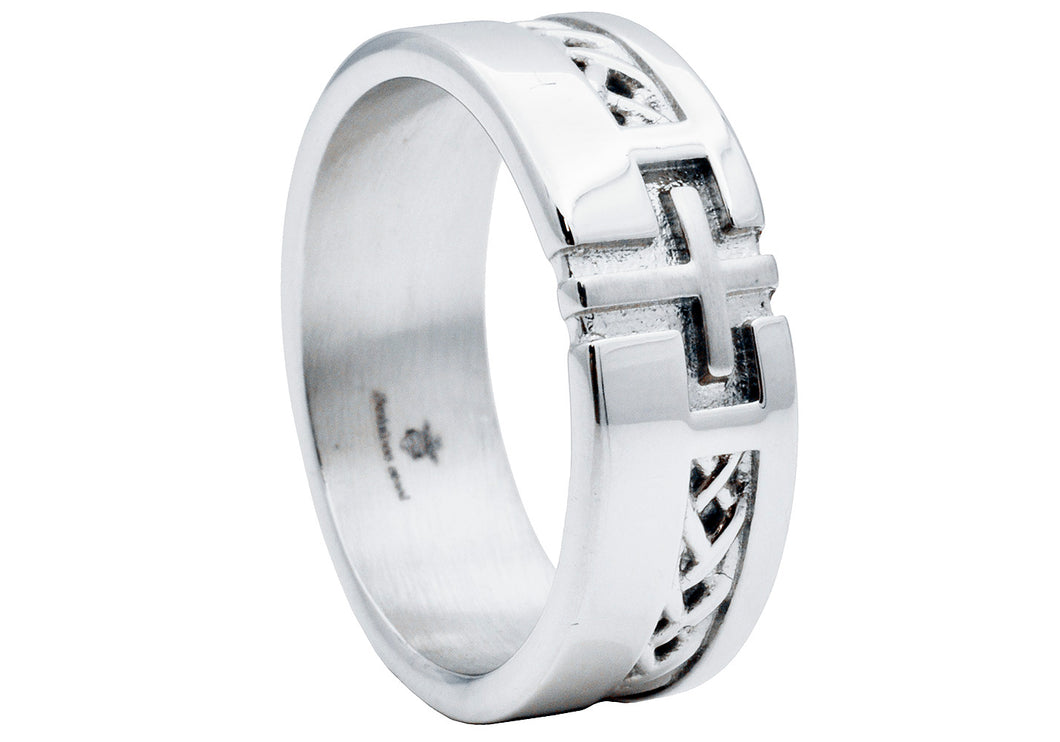 Mens Stainless Steel Cross Band With a Weave Design