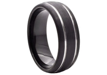 Load image into Gallery viewer, Men&#39;s Black Tungsten Double Etched Stripe Band Ring
