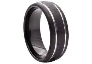 Men's Black Tungsten Double Etched Stripe Band Ring