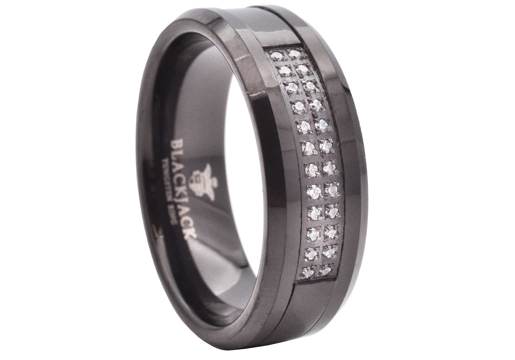 Men's Black Tungsten Band Ring With Cubic Zirconia