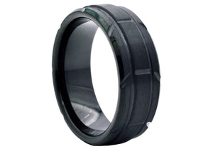 Men's Black Tungsten Double Etched Stripe Band Ring