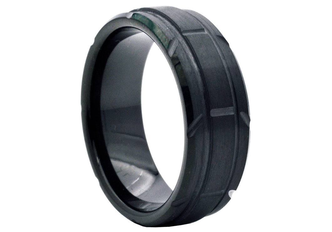 Men's Black Tungsten Double Etched Stripe Band Ring