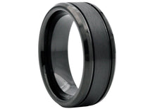 Load image into Gallery viewer, Men's Black Tungsten Double Etched Stripe Band Ring
