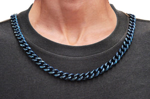 Mens 10mm Blue Stainless Steel Curb Link Chain Necklace