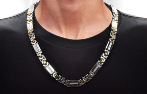 Mens Gold Stainless Steel Flat Byzantine Link Chain Necklace With Cubic Zirconia