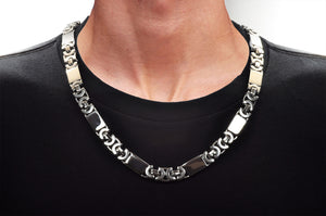 Mens Stainless Steel Flat Byzantine Link Chain Necklace With Cubic Zirconia