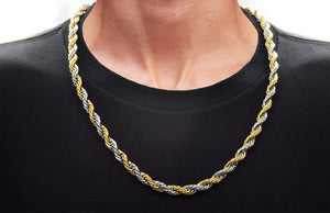 Mens Two Tone Gold Plated Stainless Steel Rope Link Chain Set