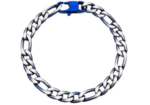 Mens Two Tone Blue Stainless Steel Figaro Link Chain Bracelet