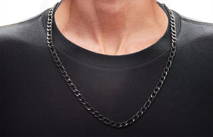 Mens Black Plated Stainless Steel Figaro Link Chain Necklace
