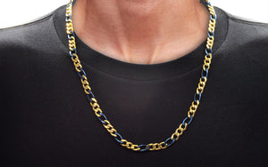 Mens Two-tone Blue & Gold Stainless Steel Figaro Link Chain Necklace