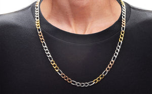Mens Tri color Yellow Gold And Gold Stainless Steel Figaro Link Chain Necklace