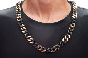 Mens 14mm Two Tone Black And Rose Gold Stainless Steel Cubic Zirconia Curb Link Chain Necklace