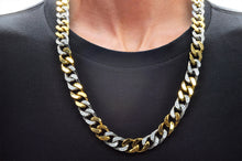 Load image into Gallery viewer, Mens 14mm Two Tone Gold Stainless Steel Cubic Zirconia Curb Link Chain Necklace
