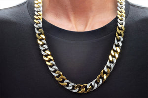 Mens 14mm Two Tone Gold Stainless Steel Cubic Zirconia Curb Link Chain Necklace