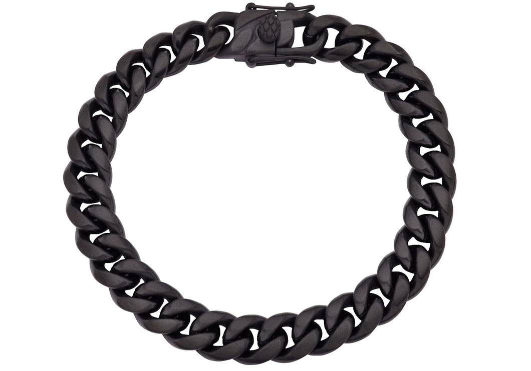 Mens 10mm Matte Black Stainless Steel Miami Cuban Link Bracelet With Box Clasp