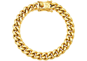 Mens 10mm Gold Stainless Steel Miami Cuban Link Chain Bracelet With Box Clasp