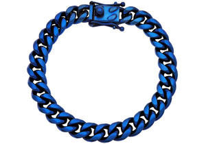 Mens 10mm Matte Blue Stainless Steel Miami Cuban Link Bracelet With Box Clasp