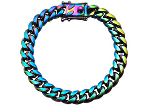 Mens 10mm Pearlescent Rainbow Plated Stainless Steel Miami Cuban Link Bracelet With Box Clasp