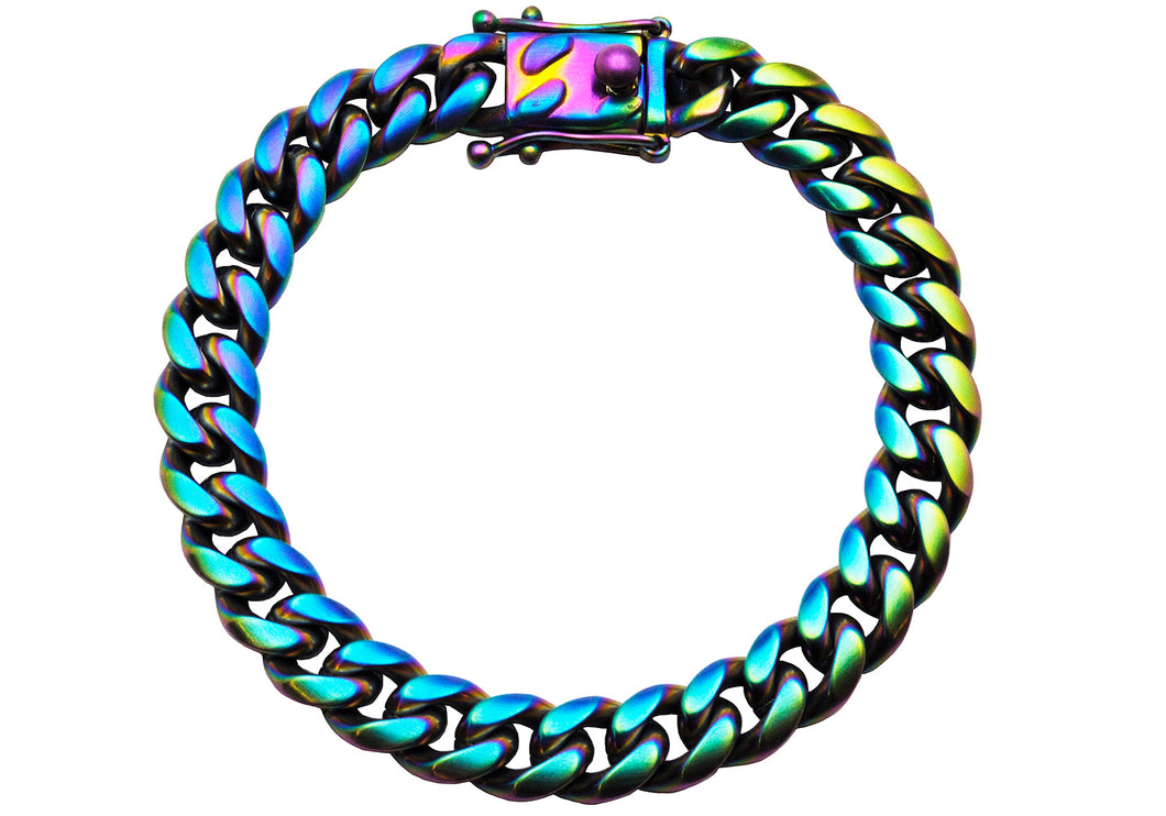 Mens 10mm Pearlescent Rainbow Plated Stainless Steel Miami Cuban Link Bracelet With Box Clasp