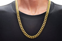 Load image into Gallery viewer, Mens 10mm Gold Stainless Steel Miami Cuban Link Chain With Box Clasp Set
