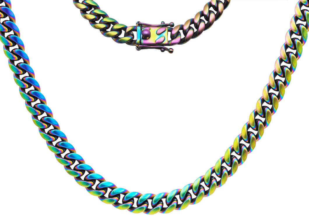 Mens 10mm Pearlescent Rainbow Plated Stainless Steel Miami Cuban Link Chain Necklace With Box Clasp