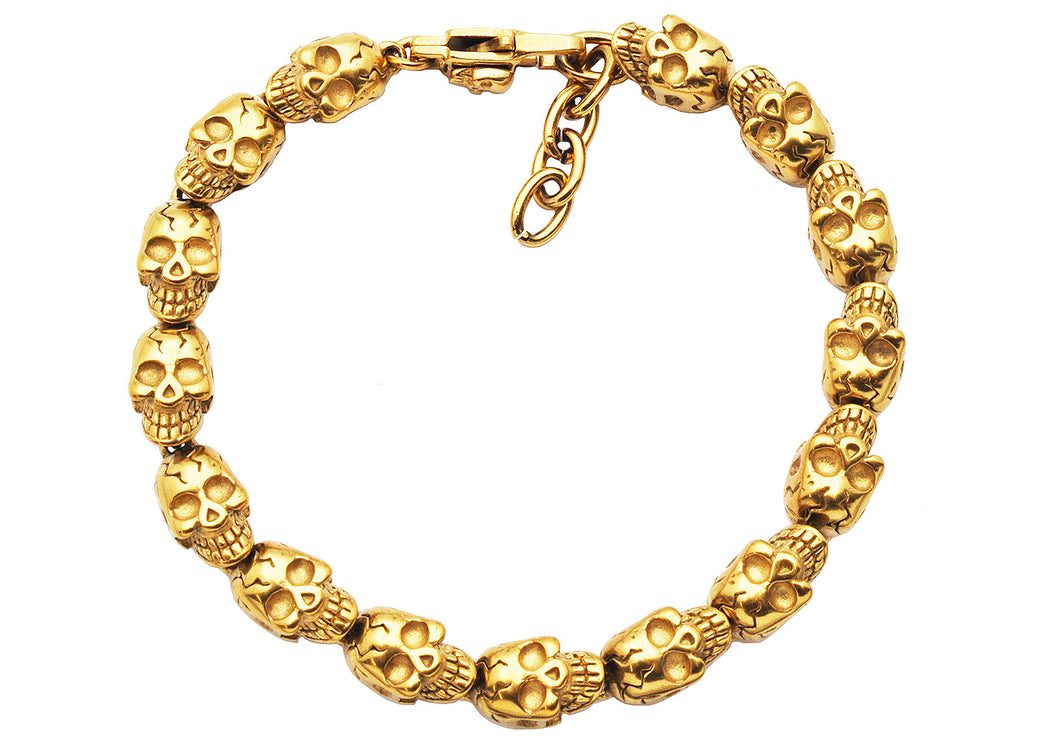 Mens Adjustable Gold Plated Stainless Steel Skull Chain Bracelet