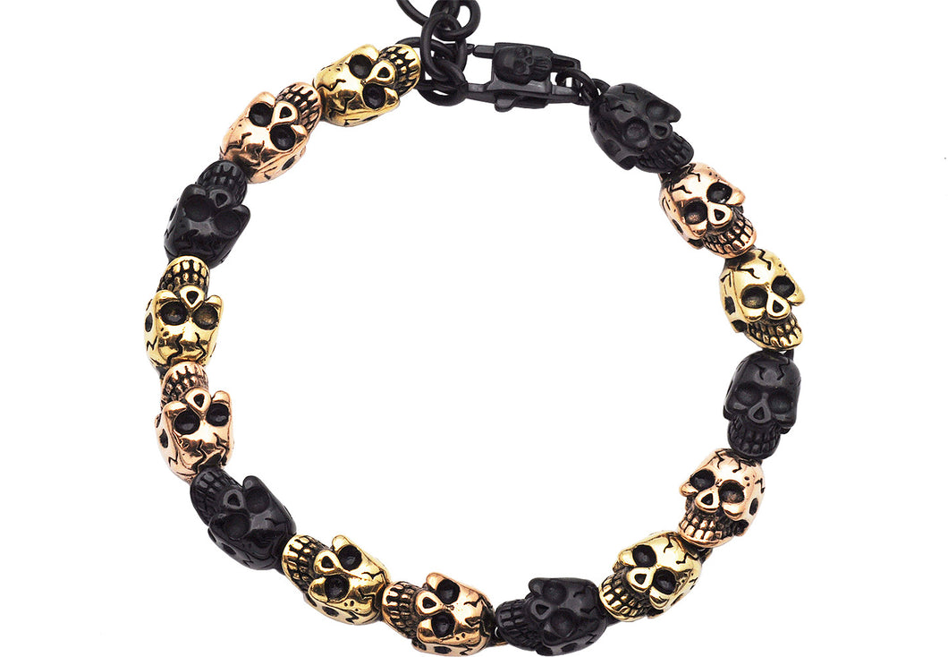 Mens Adjustable Tri Tone Stainless Steel Skull Chain Bracelet