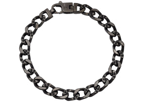 Mens Black Plated Stainless Steel Curb Link Chain Bracelet With Black Cubic Zirconia