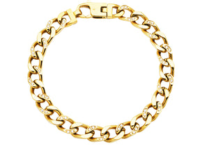 Mens Gold Stainless Steel Curb Link Chain Bracelet With Cubic Zirconia