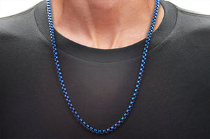 Mens Diamond Cut Blue Stainless Steel Box Rolo Link Necklace