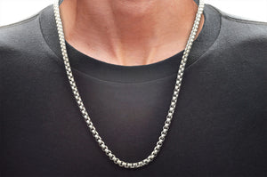 Mens Diamond Cut Stainless Steel Box Rolo Link Chain Necklace