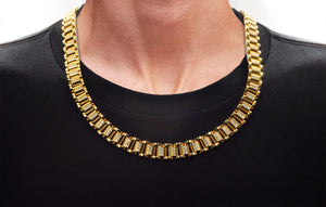 Mens Gold Stainless Steel Link Necklace With Cubic Zirconia