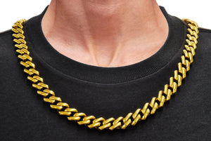 Mens 14mm Gold Plated Stainless Steel Closed Link Curb Chain Necklace With Cubic Zirconia Embedded Box Clasp
