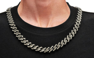 Mens 14mm Stainless Steel Closed Link Curb Chain Necklace With Cubic Zirconia Embedded Box Clasp