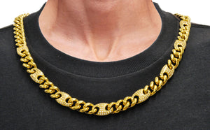 Mens 10mm Gold Plated Stainless Steel Mariner Curb Chain Set With Cubic Zirconia
