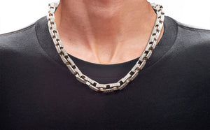 Mens Stainless Steel Square Link Chain Necklace with Cubic Zirconia