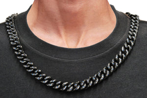 Men's 12mm Black Plated Stainless Steel Cuban Link Chain Necklace With Blue Carbon Fiber