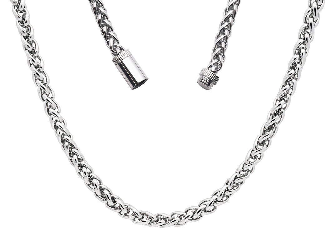 Mens Stainless Steel Wheat Link Chain Necklace With Magnetic Clasp