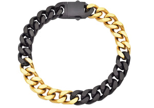 Mens 10mm Two-Toned Black and Gold Plated Stainless Steel Cuban Link Chain Bracelet