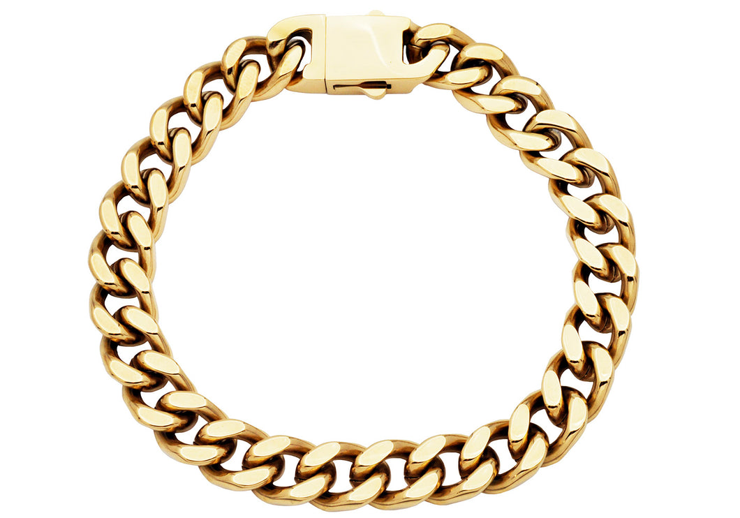 Mens 10mm Gold Plated Stainless Steel Cuban Link Chain Bracelet