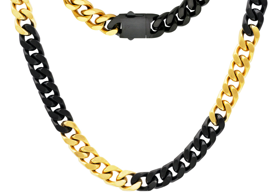 Mens 10mm Two-Toned Black and Gold Plated Stainless Steel Cuban Link Chain Necklace