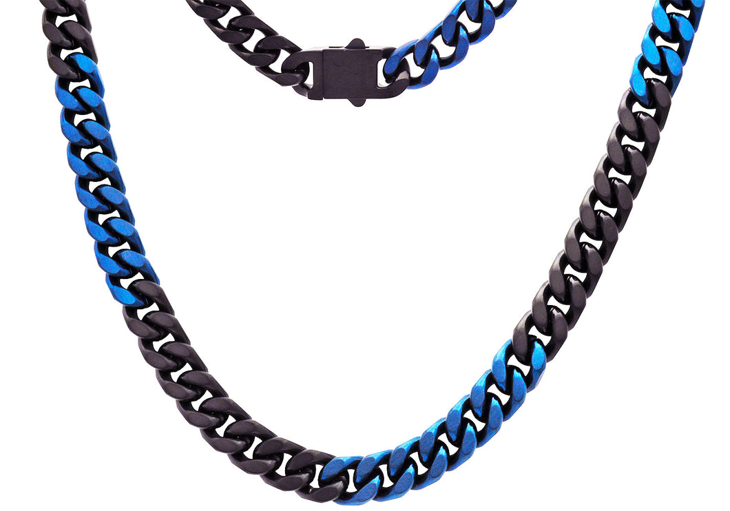 Cuban Chain Blue Stainless Steel Necklace Mens 10mm Two-Toned