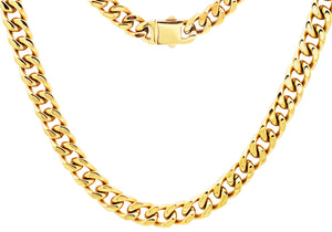 Mens 10mm Gold Plated Stainless Steel Cuban Link Chain Necklace